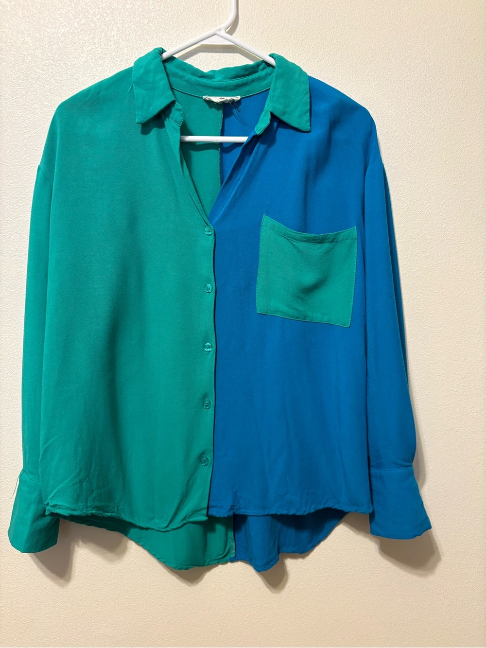 Two-Tone Green & Blue Button-Down Blouse
